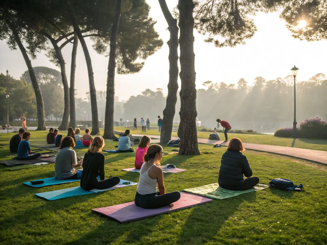 An image of participants practicing yoga outdoors in a peaceful setting, emphasizing relaxation and health, highlighting the serene and calming atmosphere of the wellness activities.
