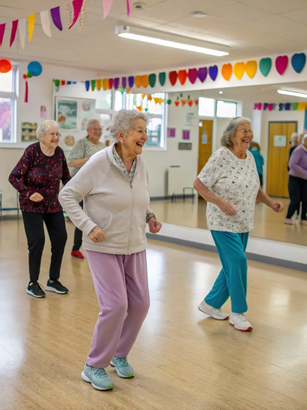 A photo of a diverse group of students happily participating in an oriental dance class, showcasing the inclusive and welcoming atmosphere of Les Yeux d'Orient.
