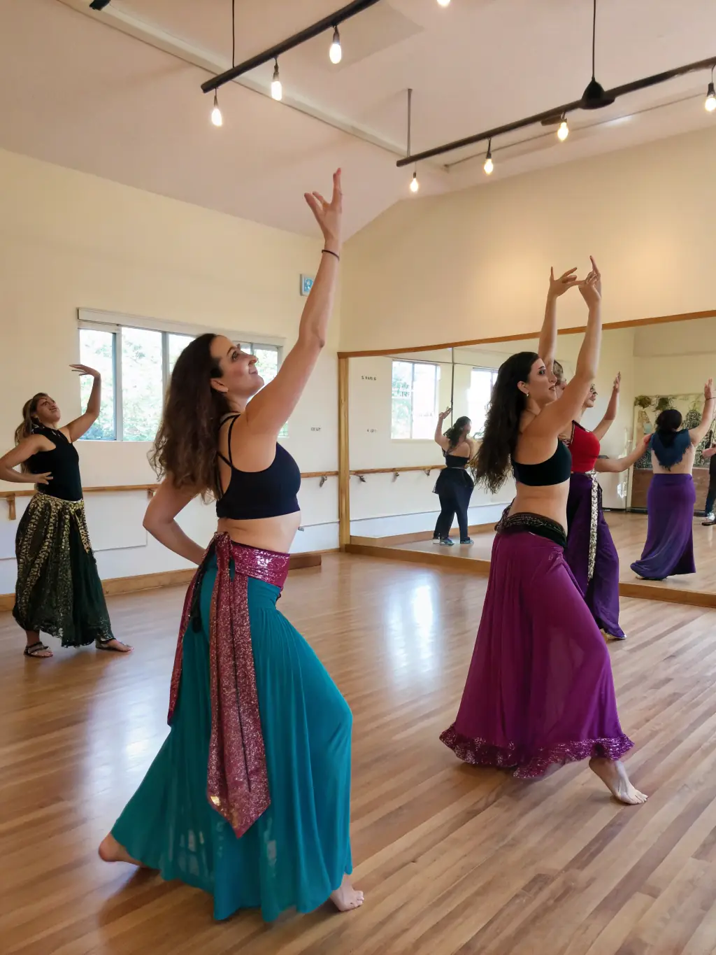 A group of diverse women in colorful belly dancing costumes, smiling and posing gracefully during an oriental dance class at Les Yeux d'Orient.