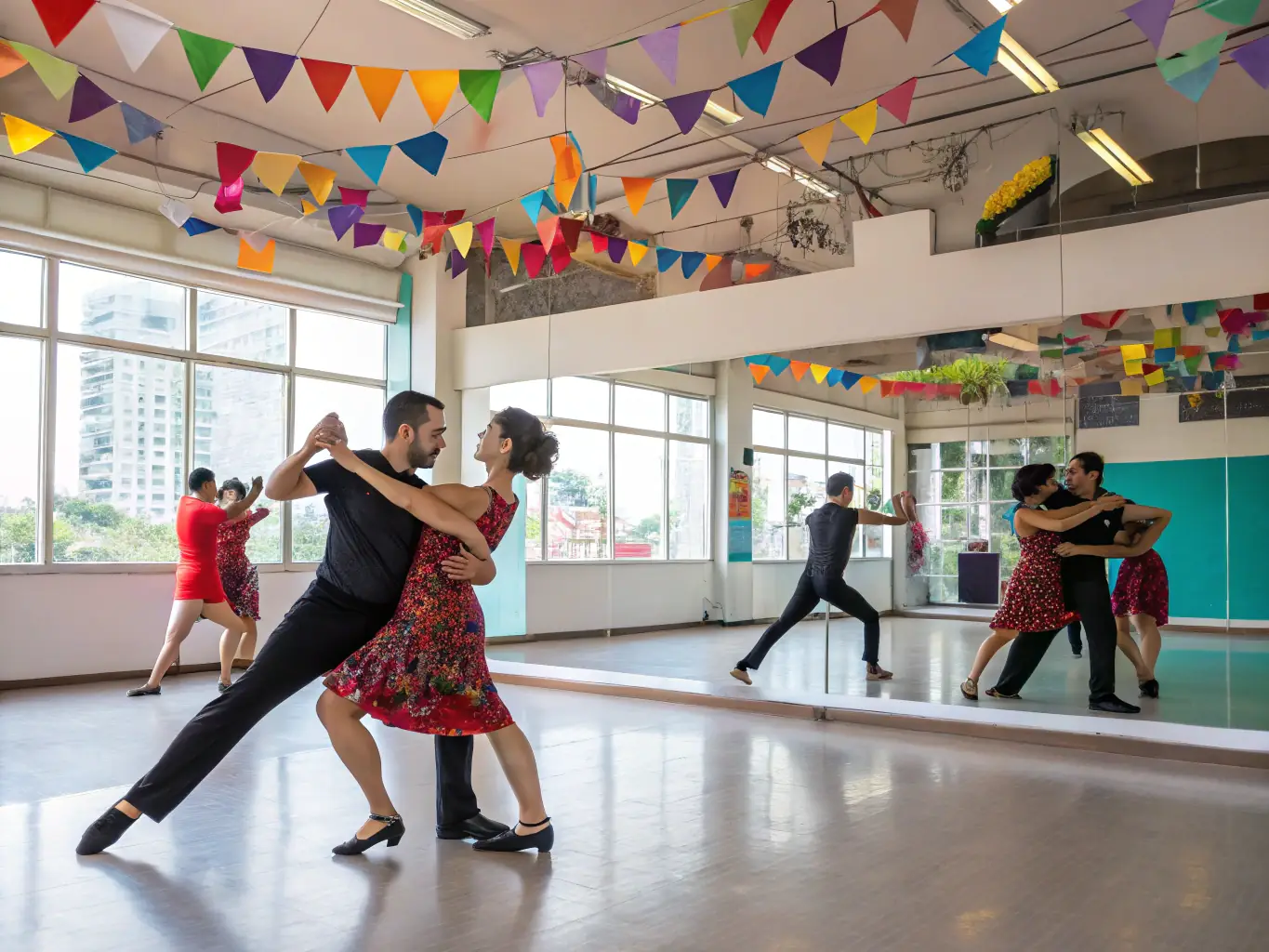 A dynamic photo of dancers performing fusion dance routines with colorful costumes and energetic movements, capturing the excitement and cultural exchange of the workshop.