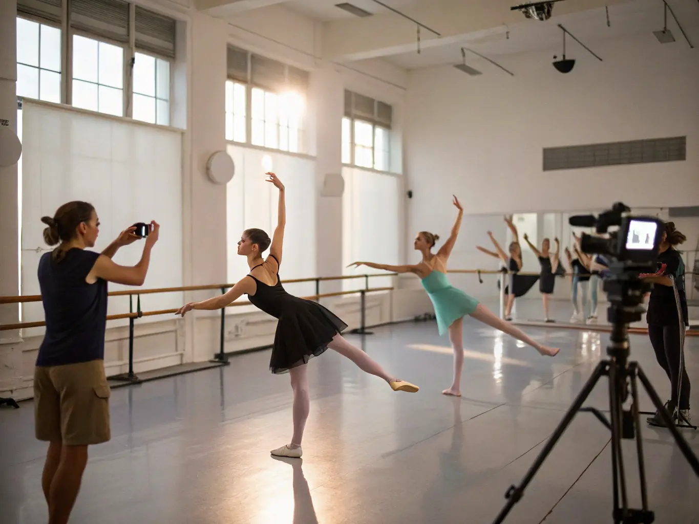 A vibrant image of a dance instructor demonstrating oriental dance moves to a group of enthusiastic students in a studio, showcasing the energy and passion of the class.