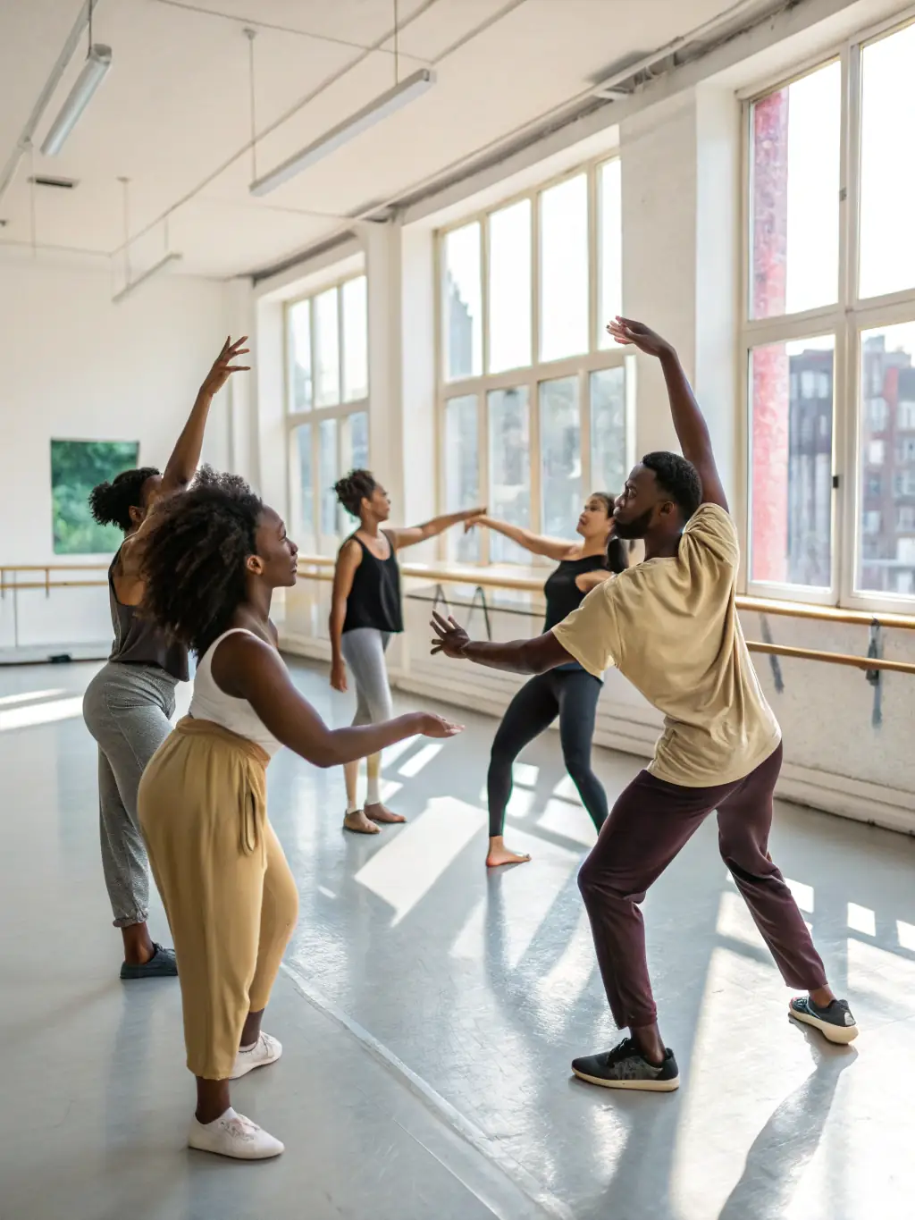 A dynamic photo of a Zumba class, with participants of all ages and backgrounds moving to the rhythm of Latin music at Les Yeux d'Orient.