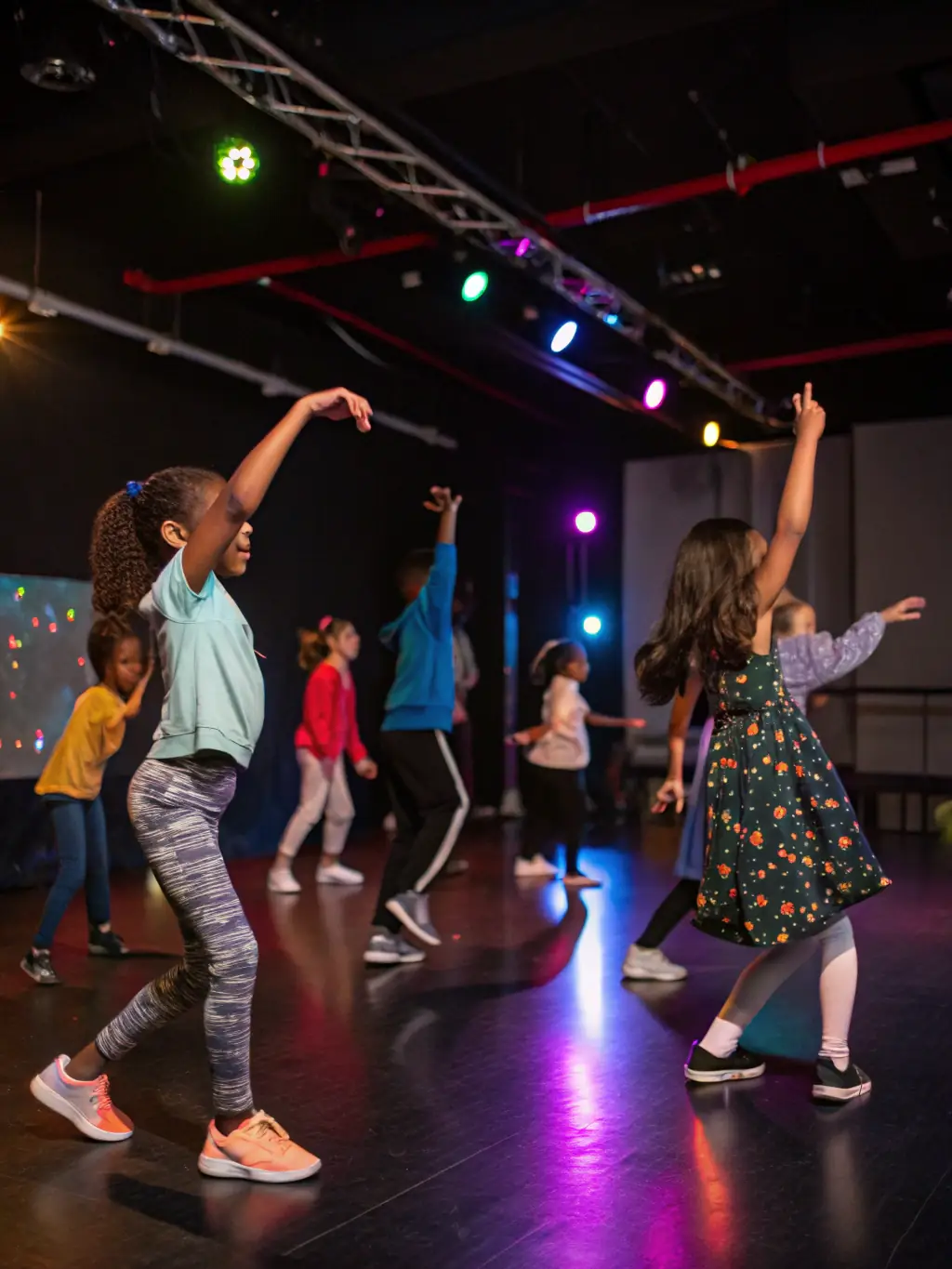 A vibrant scene from a world dance workshop, featuring participants learning a fusion dance style with energetic music and expressive movements at Les Yeux d'Orient.