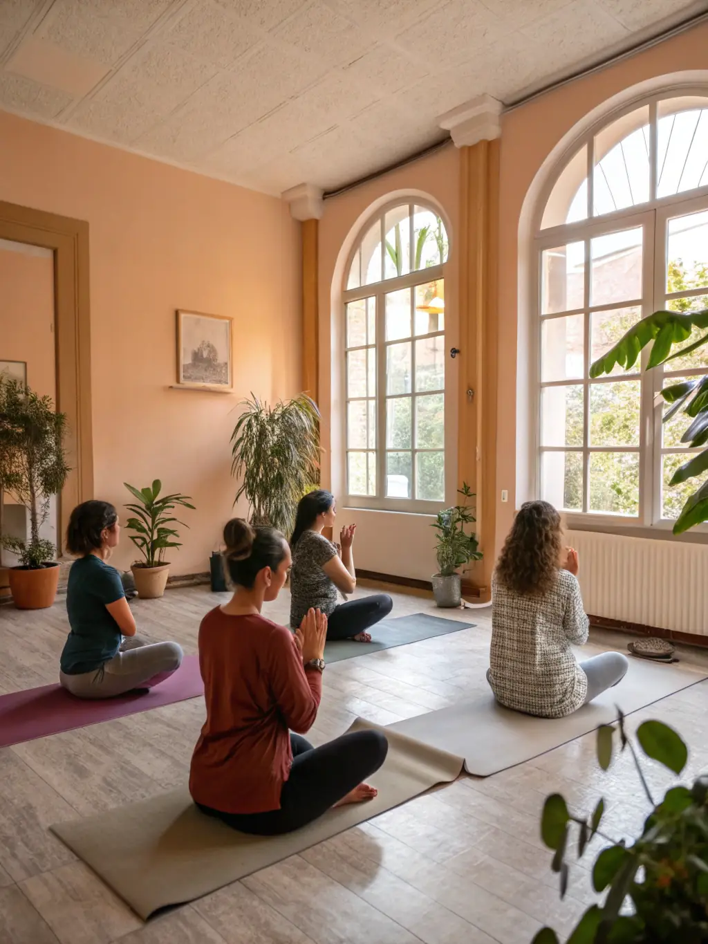 A serene image of participants in a yoga session, practicing mindful poses and breathing exercises in a peaceful setting at Les Yeux d'Orient.