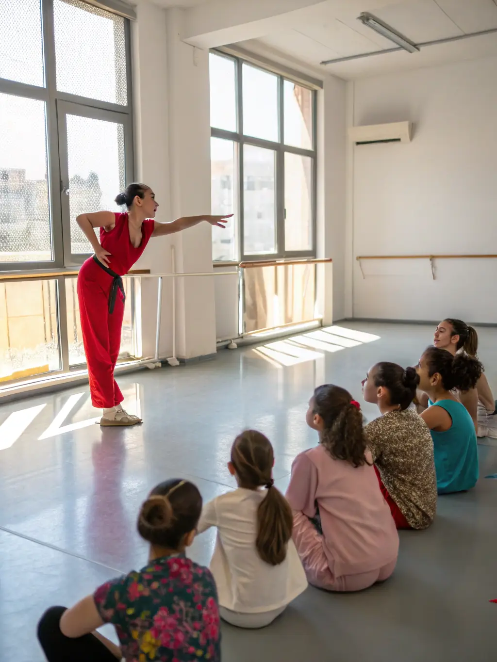 A picture of a certified dance instructor guiding students through a fusion dance routine, emphasizing the expertise and personalized attention provided at Les Yeux d'Orient.