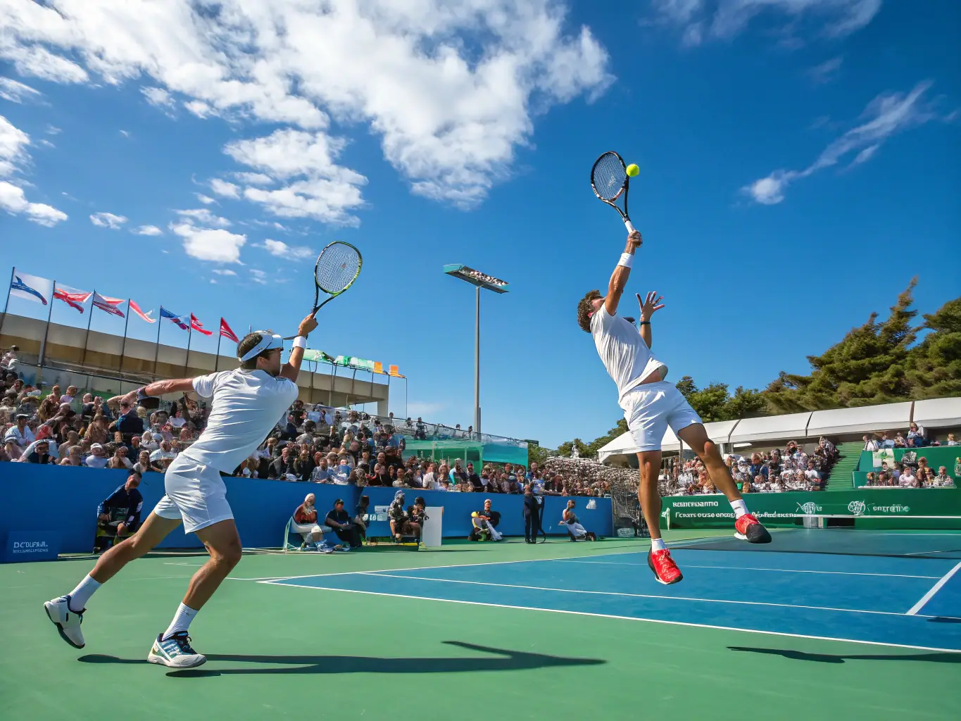 An action shot of a competitive tennis match at ASSOCIATION SPORTIVE D'ORGIBET, showcasing players in motion, demonstrating skill and sportsmanship.