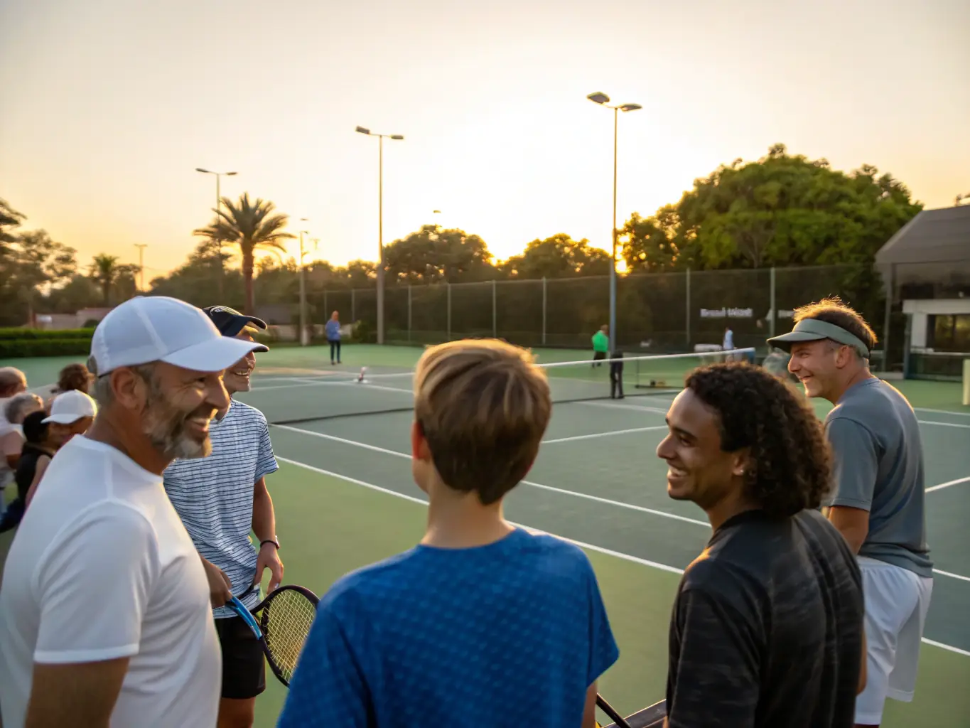 A group of diverse community members participating in a social tennis event at ASSOCIATION SPORTIVE D'ORGIBET, with smiles and laughter, emphasizing inclusivity and community spirit.