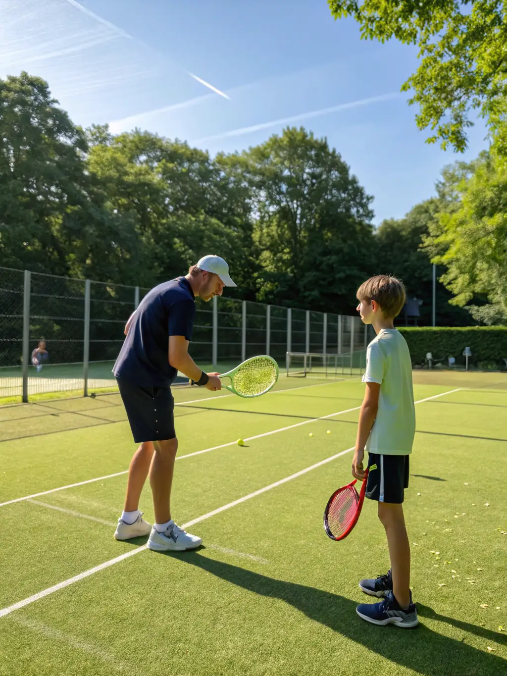 A coach providing personalized tennis instruction to a player at ASSOCIATION SPORTIVE D'ORGIBET, emphasizing technique and strategy.