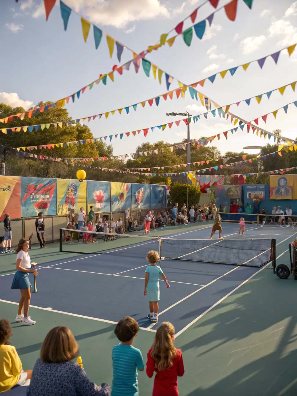 A group of members of ASSOCIATION SPORTIVE D'ORGIBET, including adults and children, gathered for a social event at the tennis club, smiling and interacting positively.