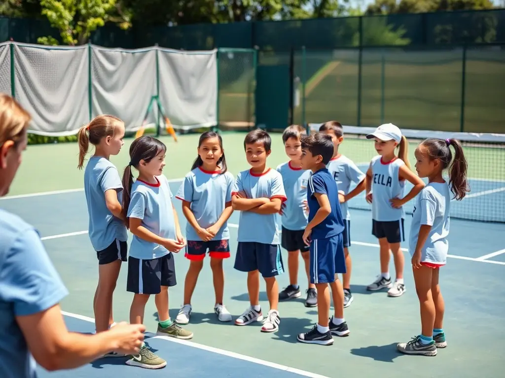 A vibrant image showing children participating in a junior tennis clinic, with coaches providing instruction and encouragement on a sunny tennis court at ASSOCIATION SPORTIVE D'ORGIBET.